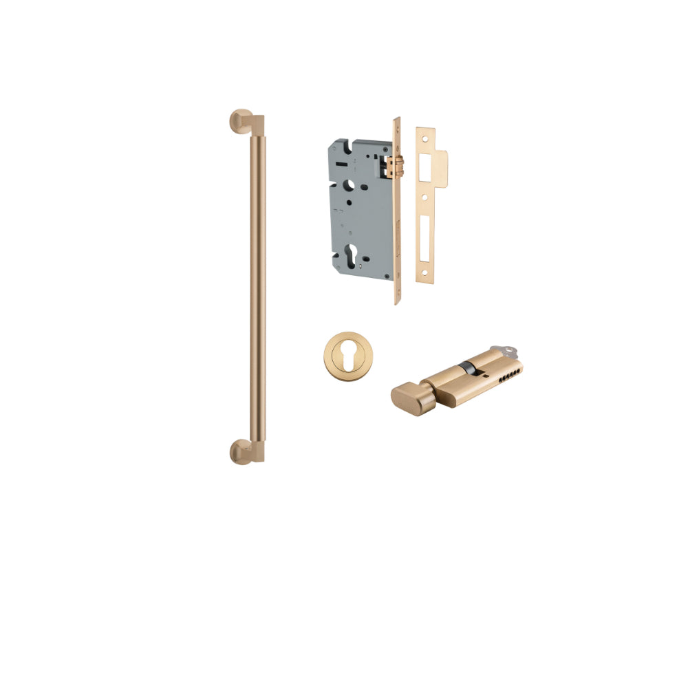 Pull Handle Berlin Euro Pair Brushed Brass L485xW22xP63mm CTC450 mm BPD35mm, Mortice Lock Roller Euro Brushed Brass CTC85mm Backset 60mm, Euro Cylinder Key Thumb 5 Pin Brushed Brass 65mm KA4, Escutcheon Euro Concealed Fix Round Pair D52xP10mm in Brushed Brass