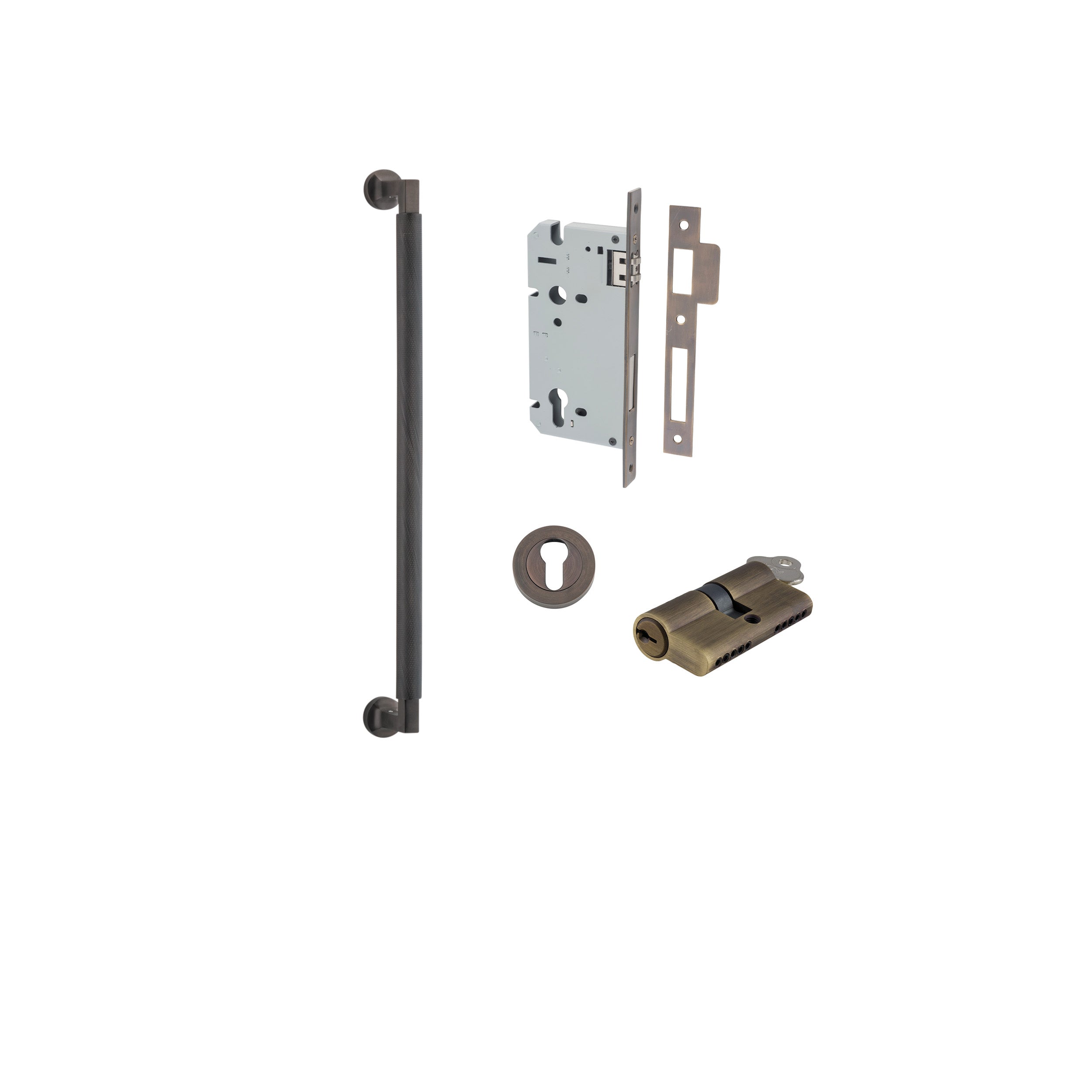 Pull Handle Brunswick Euro Pair Signature Brass L485xW22xP63mm CTC450 mm BPD35mm, Mortice Lock Roller Euro Signature Brass CTC85mm Backset 60mm, Euro Cylinder Dual Function 5 Pin 65mm KA4, Escutcheon Euro Concealed Fix Round Pair D52xP10mm in Signature Brass