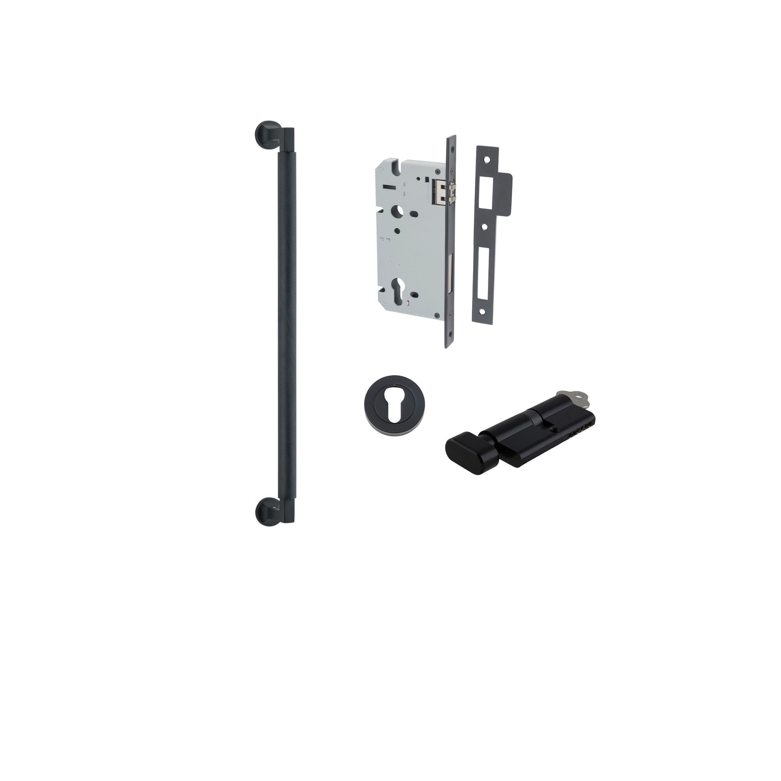 Pull Handle Brunswick Euro Pair Matt Black L485xW22xP63mm CTC450 mm BPD35mm, Mortice Lock Roller Euro Matt Black CTC85mm Backset 60mm, Euro Cylinder Key Thumb 5 Pin Matt Black 65mm KA4, Escutcheon Euro Concealed Fix Round Pair Matt Black D52xP10mm in Matt Black