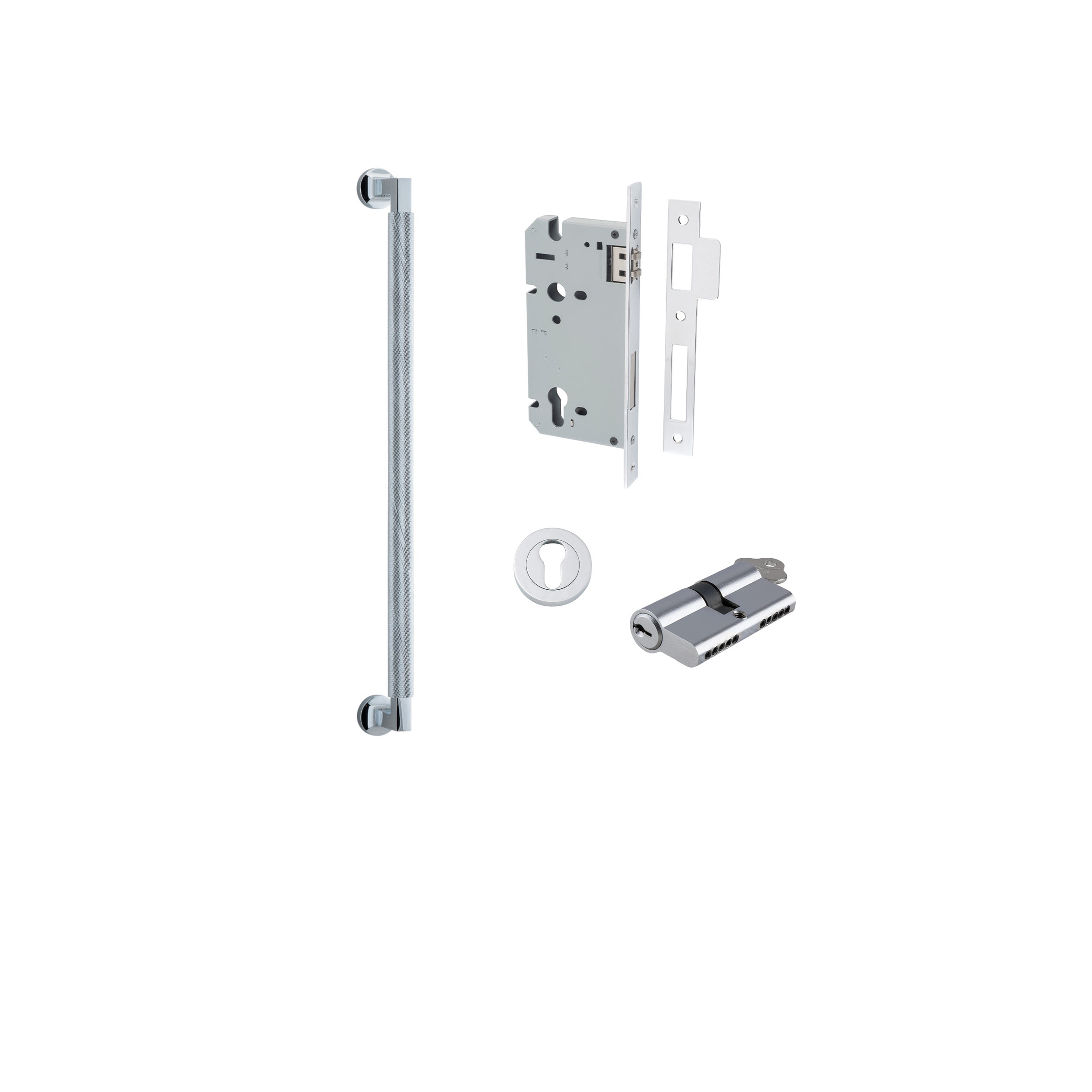 Pull Handle Brunswick Euro Pair Polished Chrome L485xW22xP63mm CTC450 mm BPD35mm, Mortice Lock Roller Euro Polished Chrome CTC85mm Backset 60mm, Euro Cylinder Dual Function 5 Pin 65mm KA4, Escutcheon Euro Concealed Fix Round Pair D52xP10mm in Polished Chrome