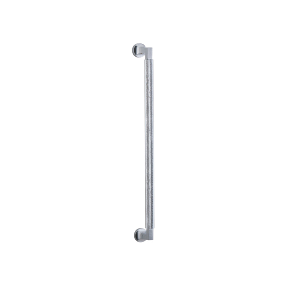 Iver Brunswick single pull handle with a sleek metal finish, designed for doors, shown in a close-up image.