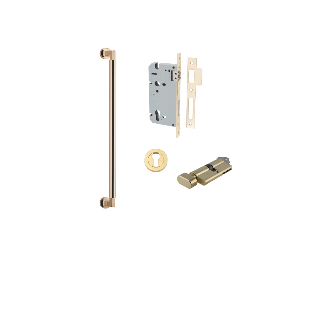 Pull Handle Berlin Euro Pair Polished Brass L485xW22xP63mm CTC450 mm BPD35mm, Mortice Lock Roller Euro Polished Brass CTC85mm Backset 60mm, Euro Cylinder Key Thumb 5 Pin Polished Brass 65mm KA4, Escutcheon Euro Concealed Fix Round Pair D52xP10mm in Polished Brass