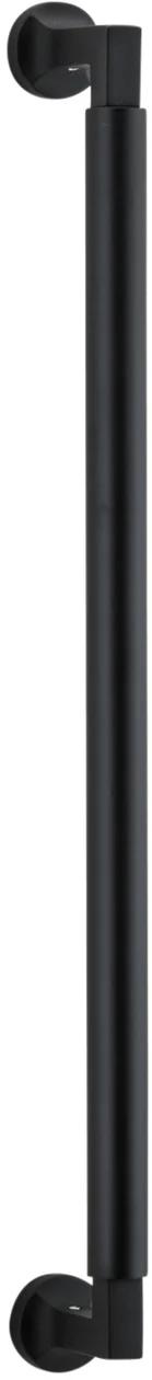 Iver Berlin single pull handle in polished metal, shown mounted on a door with a sleek, modern design and smooth finish.