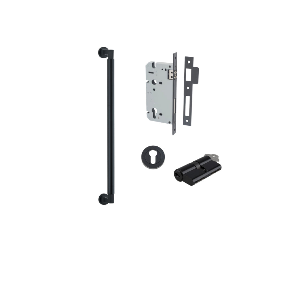 Pull Handle Berlin Euro Pair Matt Black L485xW22xP63mm CTC450 mm BPD35mm, Mortice Lock Roller Euro Matt Black CTC85mm Backset 60mm, Euro Cylinder Dual Function 5 Pin Matt Black 65mm KA4, Escutcheon Euro Concealed Fix Round Pair Matt Black D52xP10mm in Matt Black