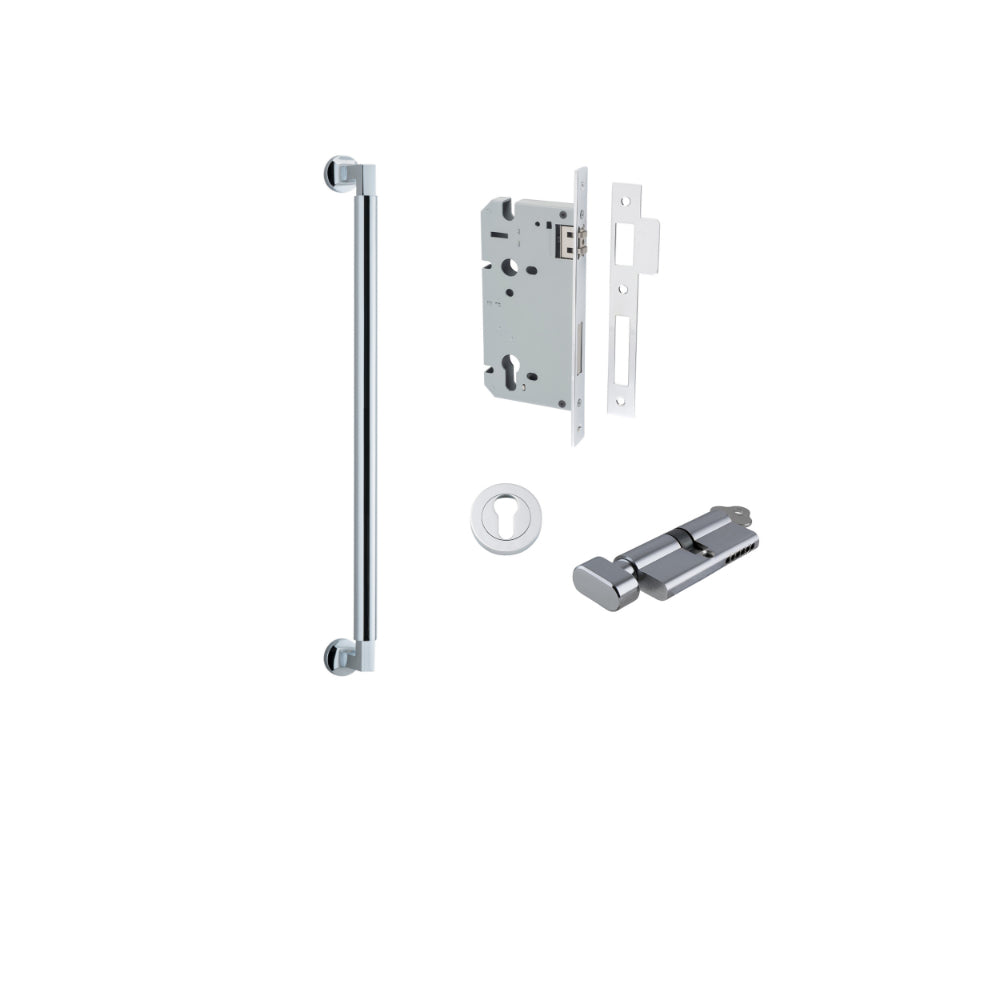 Pull Handle Berlin Euro Pair Polished Chrome L485xW22xP63mm CTC450 mm BPD35mm, Mortice Lock Roller Euro Polished Chrome CTC85mm Backset 60mm, Euro Cylinder Key Thumb 5 Pin Polished Chrome 65mm KA4, Escutcheon Euro Concealed Fix Round Pair D52xP10mm in Polished Chrome