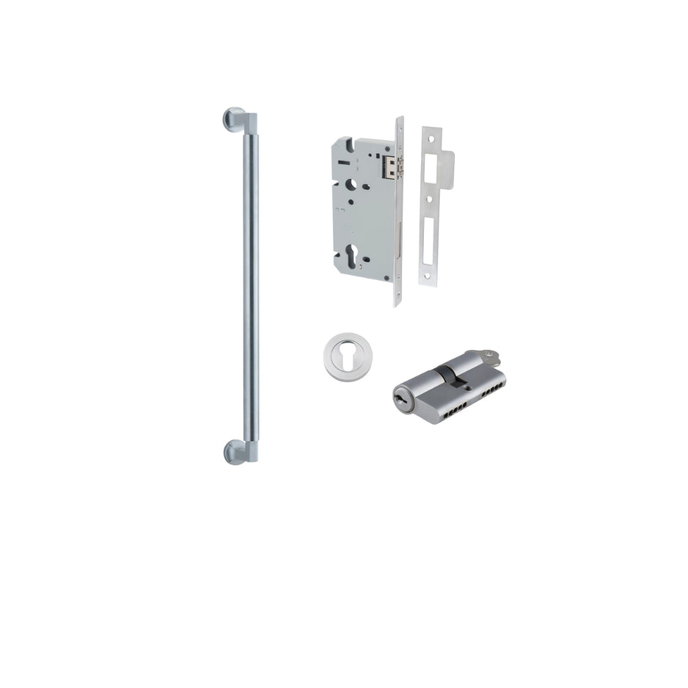 Pull Handle Berlin Euro Pair Brushed Chrome L485xW22xP63mm CTC450 mm BPD35mm, Mortice Lock Roller Euro Brushed Chrome CTC85mm Backset 60mm, Euro Cylinder Dual Function 5 Pin 65mm KA4, Escutcheon Euro Concealed Fix Round Pair D52xP10mm in Brushed Chrome
