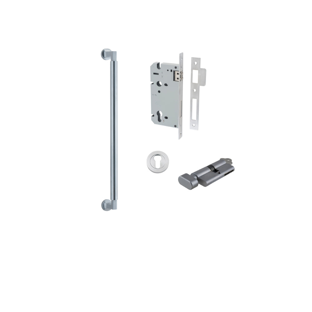 Pull Handle Berlin Euro Pair Brushed Chrome L485xW22xP63mm CTC450 mm BPD35mm, Mortice Lock Roller Euro Brushed Chrome CTC85mm Backset 60mm, Euro Cylinder Key Thumb 5 Pin Brushed Chrome 65mm KA4, Escutcheon Euro Concealed Fix Round Pair D52xP10mm in Brushed Chrome