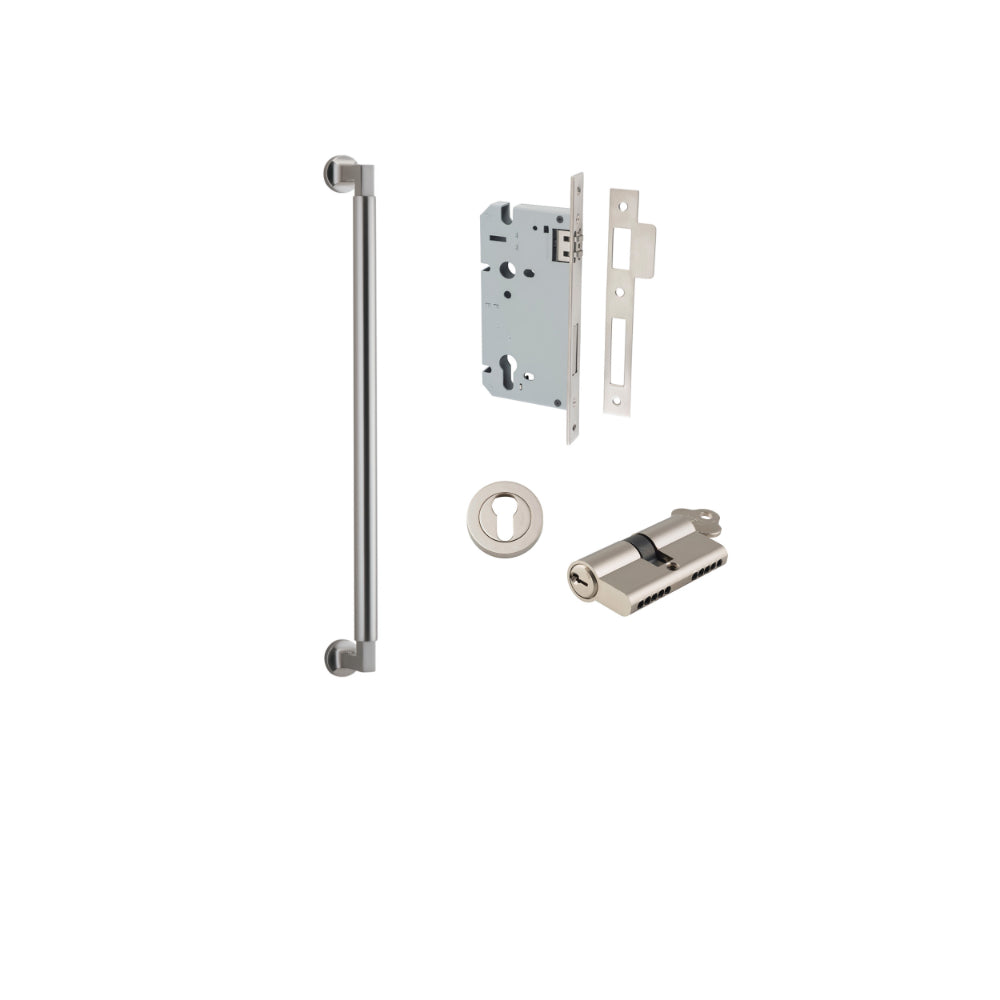 Pull Handle Berlin Euro Pair Satin Nickel L485xW22xP63mm CTC450 mm BPD35mm, Mortice Lock Roller Euro Satin Nickel CTC85mm Backset 60mm, Euro Cylinder Dual Function 5 Pin Satin Nickel 65mm KA4, Escutcheon Euro Concealed Fix Round Pair D52xP10mm in Satin Nickel