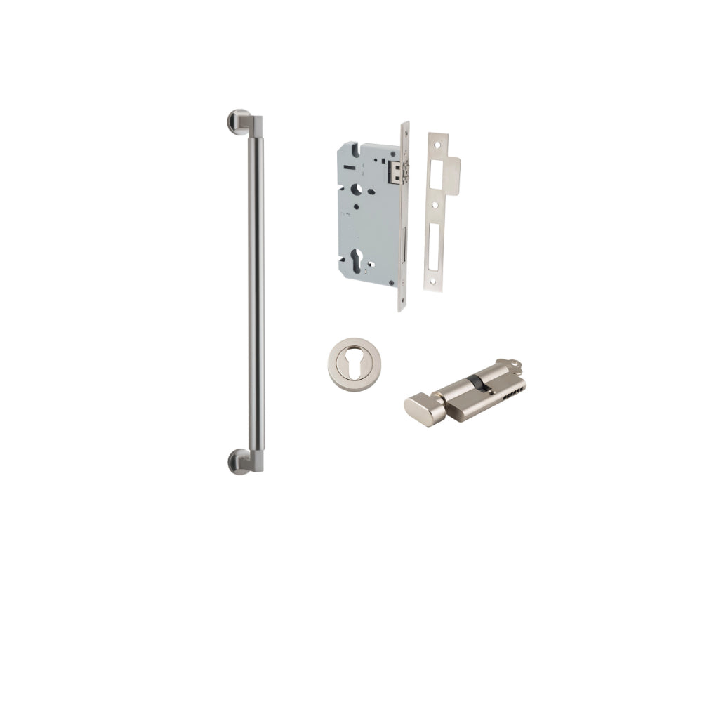 Pull Handle Berlin Euro Pair Satin Nickel L485xW22xP63mm CTC450 mm BPD35mm, Mortice Lock Roller Euro Satin Nickel CTC85mm Backset 60mm, Euro Cylinder Key Thumb 5 Pin Satin Nickel 65mm KA4, Escutcheon Euro Concealed Fix Round Pair D52xP10mm in Satin Nickel