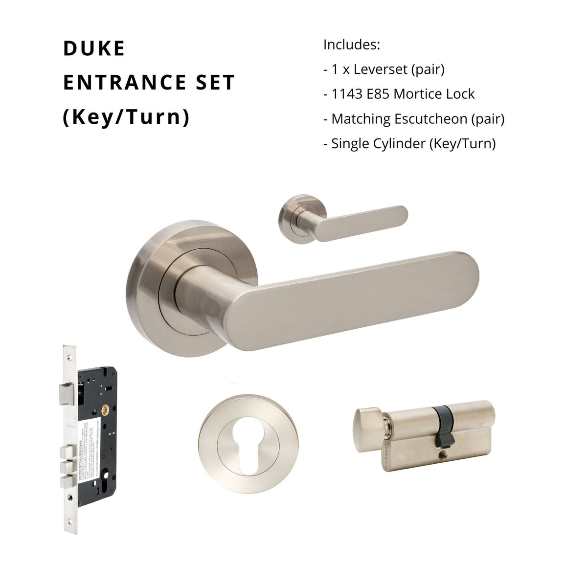 Duke Entrance Set - Includes 10090, 1143, 7020.2 & 1122 (60mm Key/Turn) in Brushed Nickel