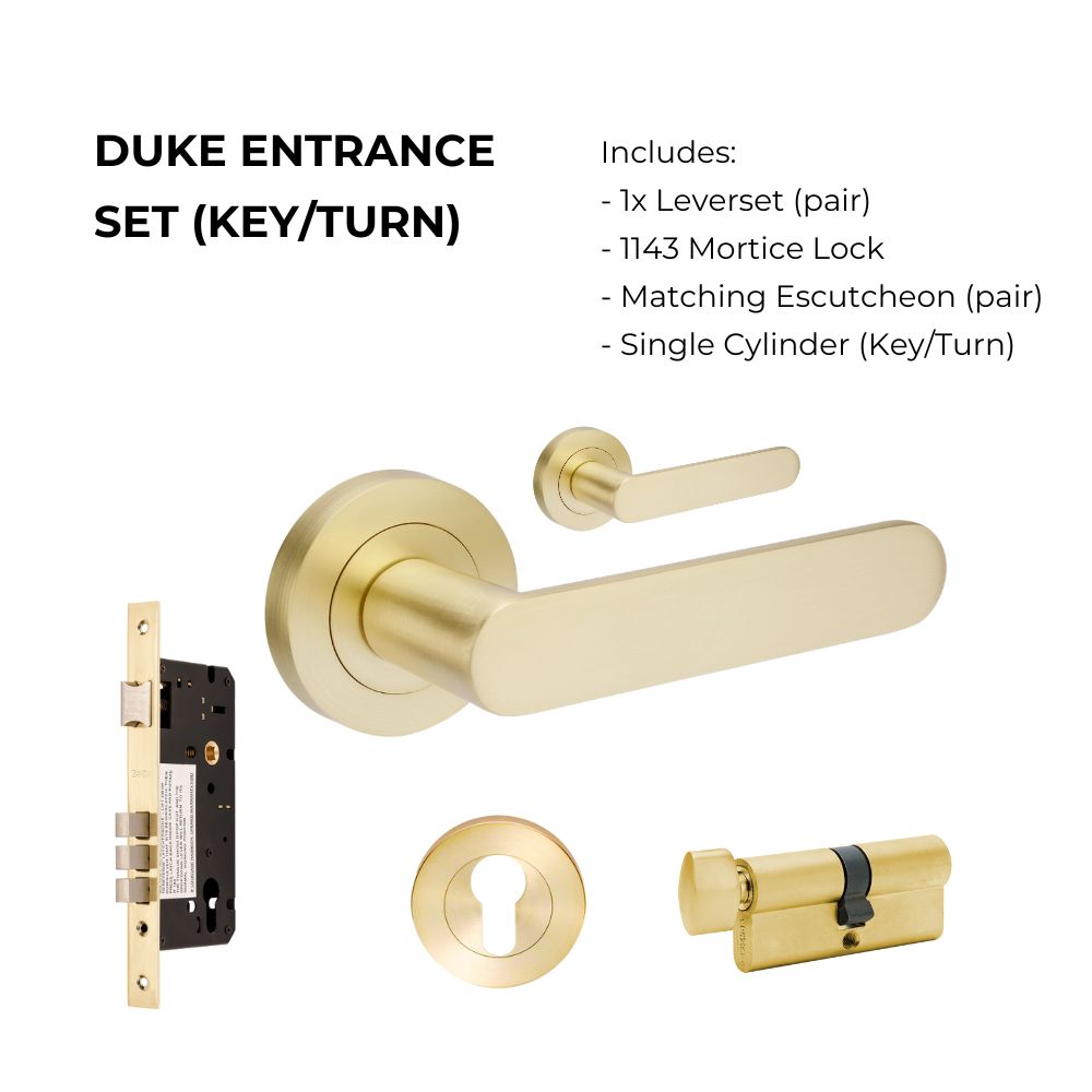 Duke Entrance Set - Includes 10090, 1143, 7020.2 & 1122 (60mm Key/Turn) in Satin Brass