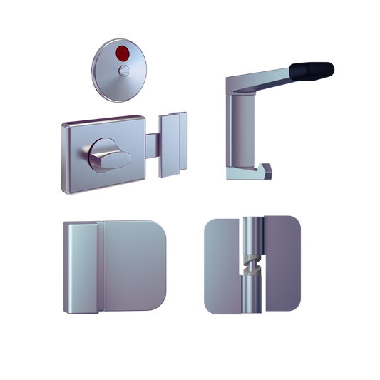 Essential Concealed SCP Kit- Contains; 3x 106C RHHO Gravity Hinges, 1x 300 Series Lockset, 1x 101C Bumper, 1x 202C Coat Hook & Universal Screw Fixings in Satin Chrome