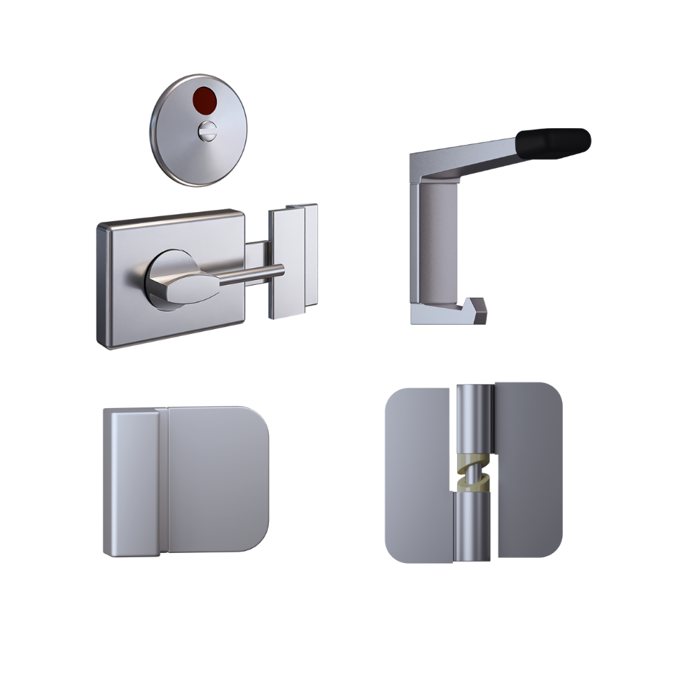 Essential Concealed SCP Ambulant Kit- Contains; 3x 106C RHHO Gravity Hinges, 1 x 300 AMB Indicator Set, 1x 101c Bumper, 1x 202C Coat Hook & Universal Screw Fixings in Satin Chrome