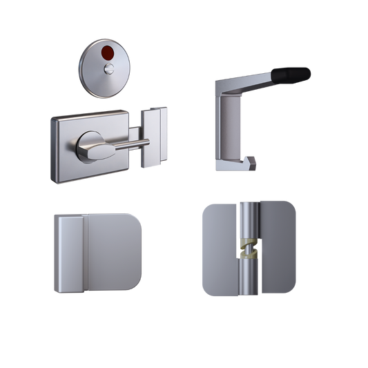 Essential Concealed SCP Ambulant Kit- Contains; 3x 106C RHHO Gravity Hinges, 1 x 300 AMB Indicator Set, 1x 101c Bumper, 1x 202C Coat Hook & Universal Screw Fixings in Satin Chrome