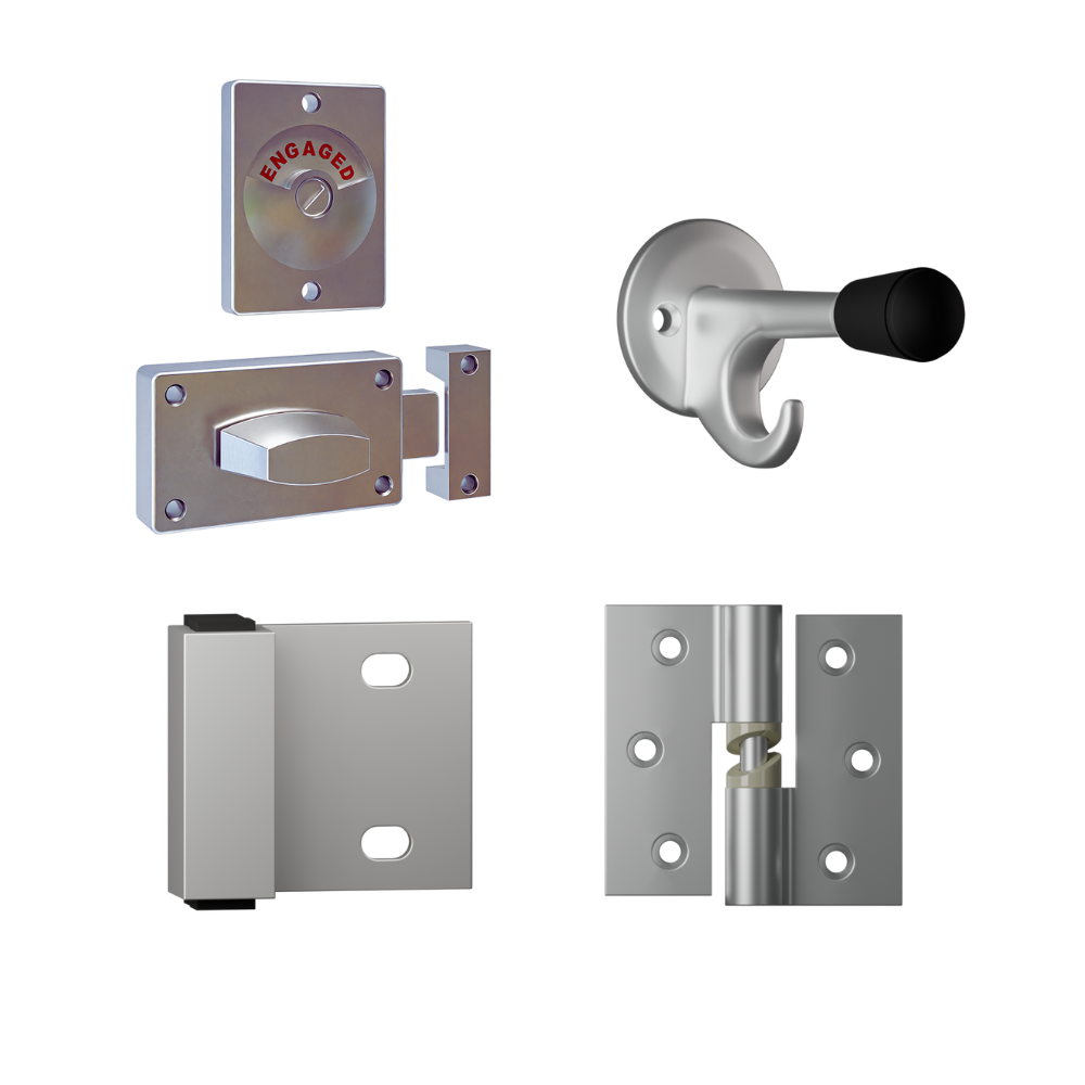 Essential Non-Concealed SCP Kit- Contains; 3x 106 RHHO Gravity Hinges, 1x 100 Lockset, 1x 101 Bumper, 1x 102 Hook & Universal Screw Fixings in Satin Chrome