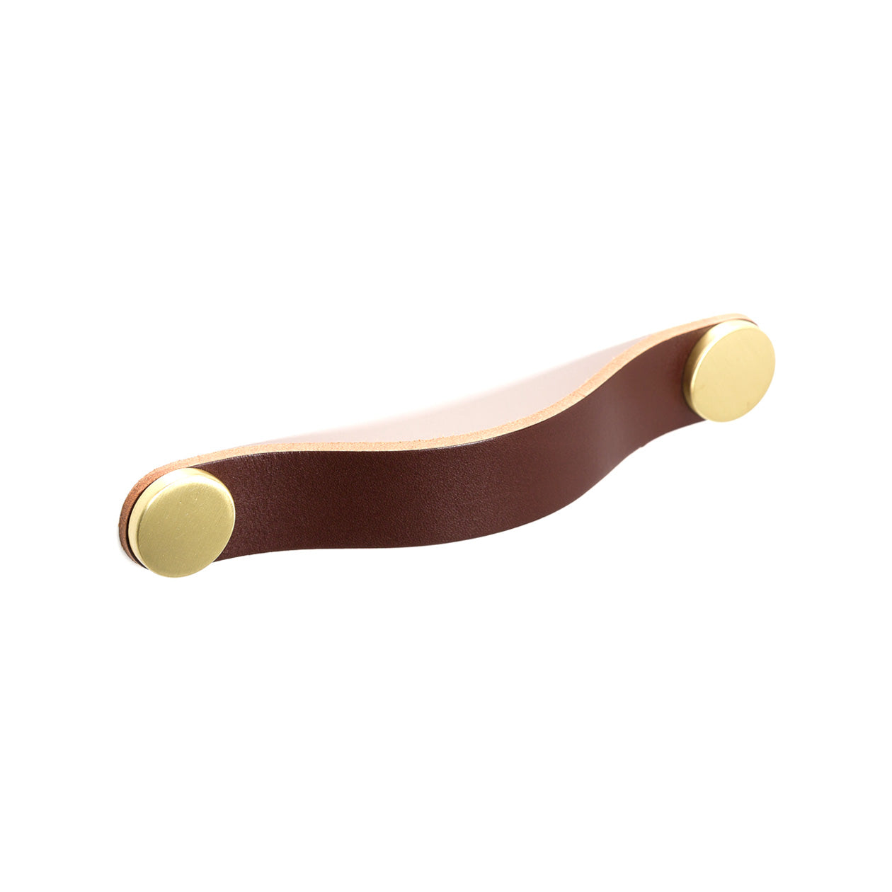Momo FLEXA leather cabinet pull handle with dark brown leather and metal mounting hardware, designed for furniture drawers and cabinets.