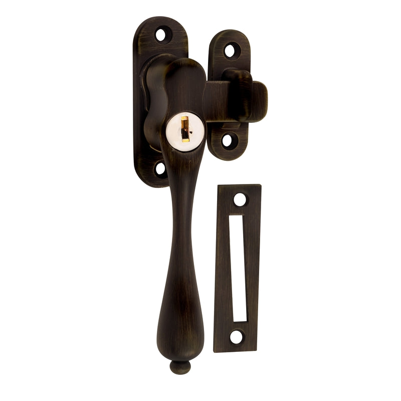 Casement Fastener Locking Teardrop Left Hand Antique Brass W28xP34mm Drop 115mm in Antique Brass