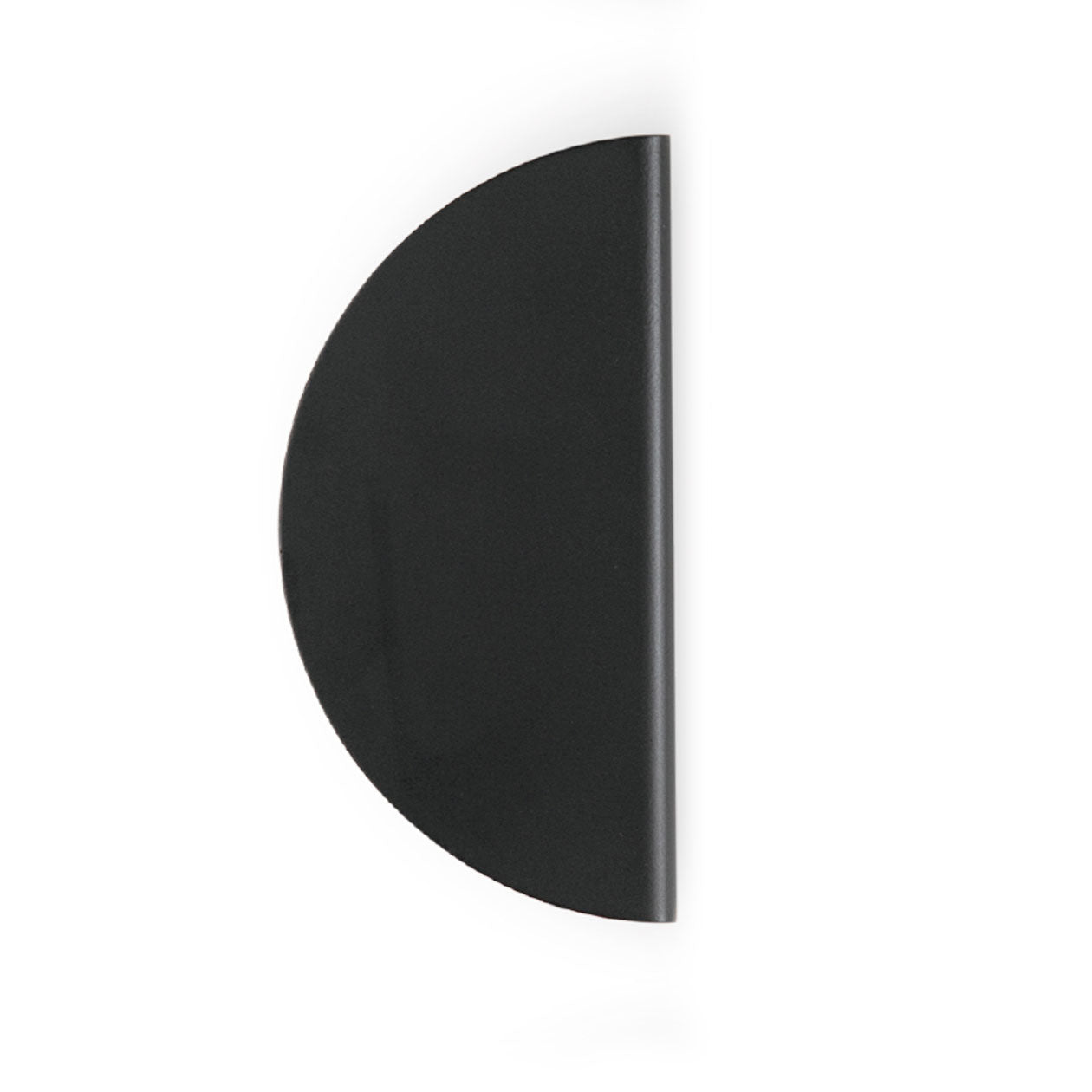 Momo SOLA Half Round Lip Pull handle in matte black finish, mounted on a cabinet door showing its sleek, modern design.
