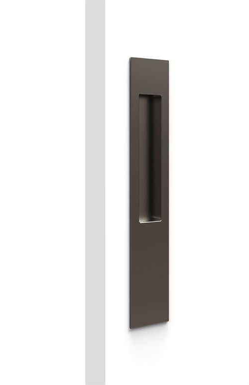 Mardeco long plate flush pull handle in bronze finish, mounted on a door with a sleek, modern design.