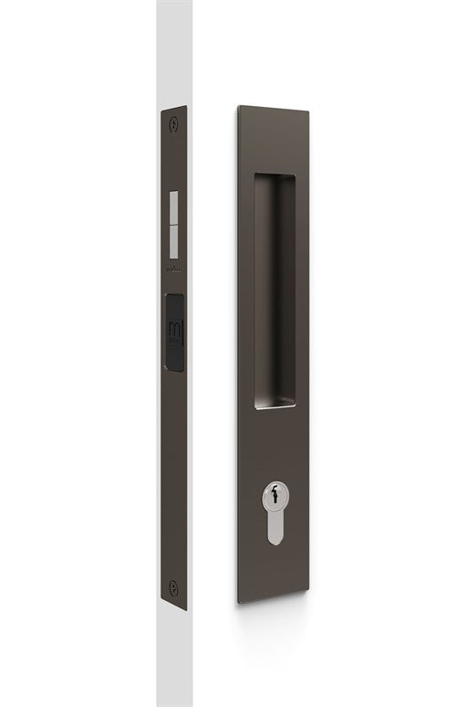 Mardeco Key Lockable M-Series Sliding Lockset (Cylinder not included), H255mm x W45mm x D13mm, Face 2mm. Suits 34mm - 50mm thick doors in Bronze