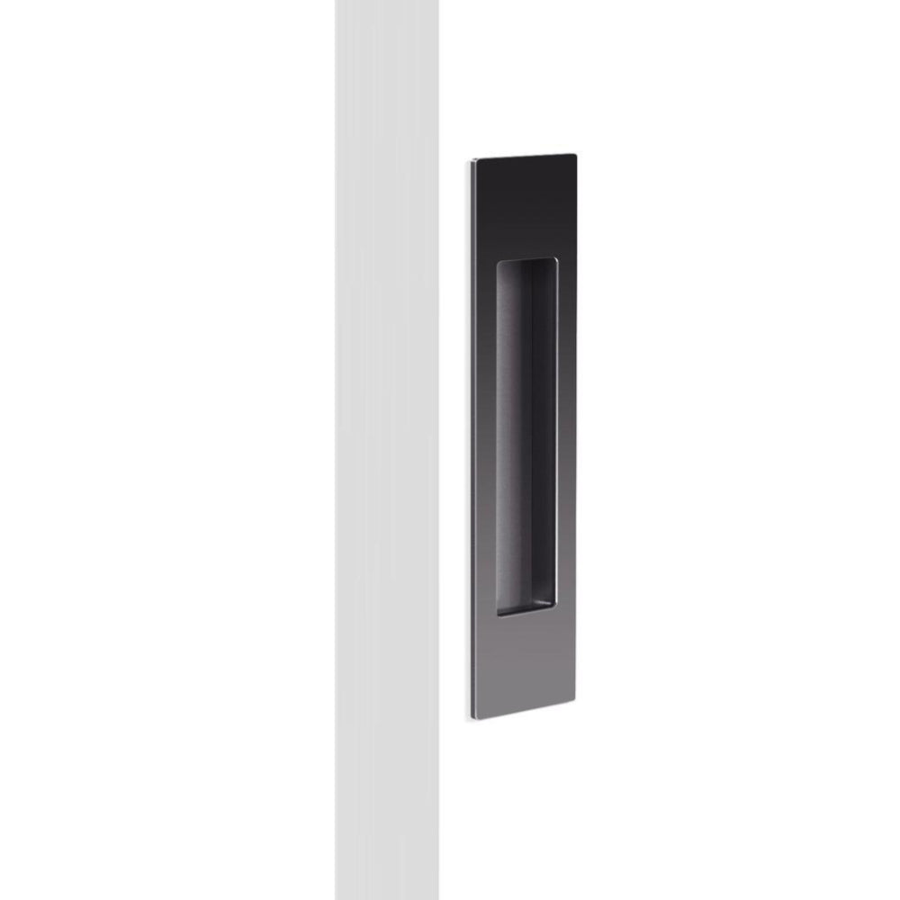 Mardeco sliding door flush pull in matte black, modern hardware for interior doors, with sleek rectangular design.