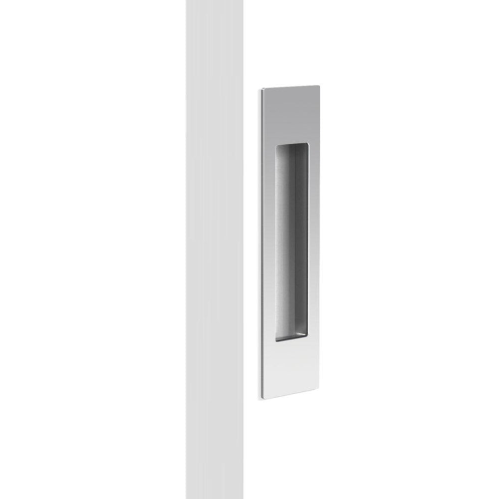 Mardeco sliding door flush pull handle in polished metal, mounted on a modern interior door for smooth sliding operation.