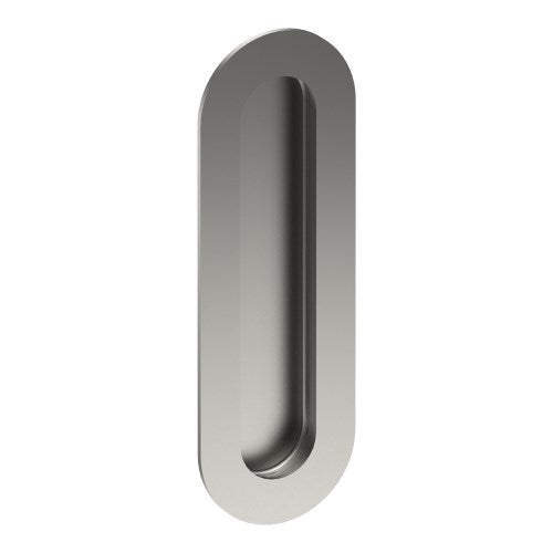 Oval flush pull handle by Style Finish Doorware, 150mm x 50mm, with a sleek stainless steel finish and smooth surface.