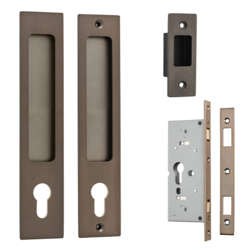 Iver rectangular sliding door pull entrance kit with high security lock, showing the sleek handle and locking mechanism on a glass door.