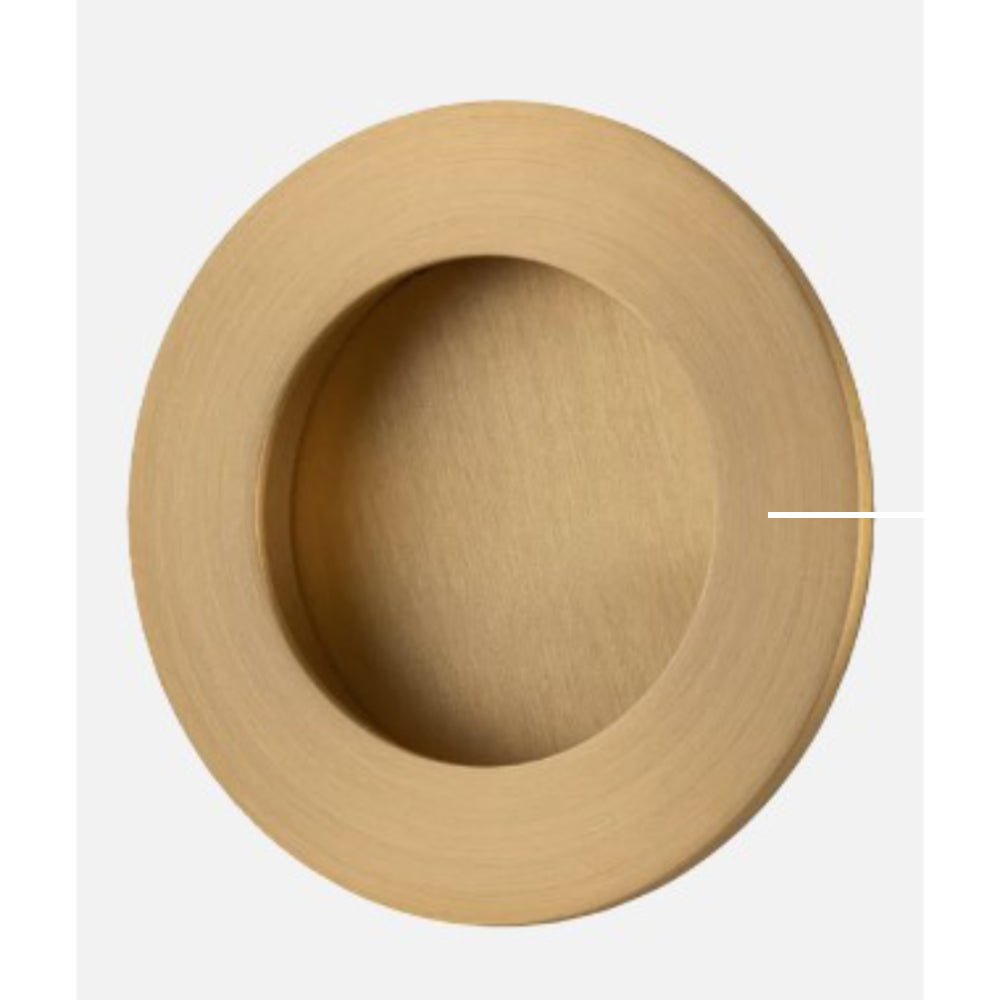 Iver Designer Flush Pulls round architectural hardware handle with sleek, modern finish, mounted on a door or cabinet.