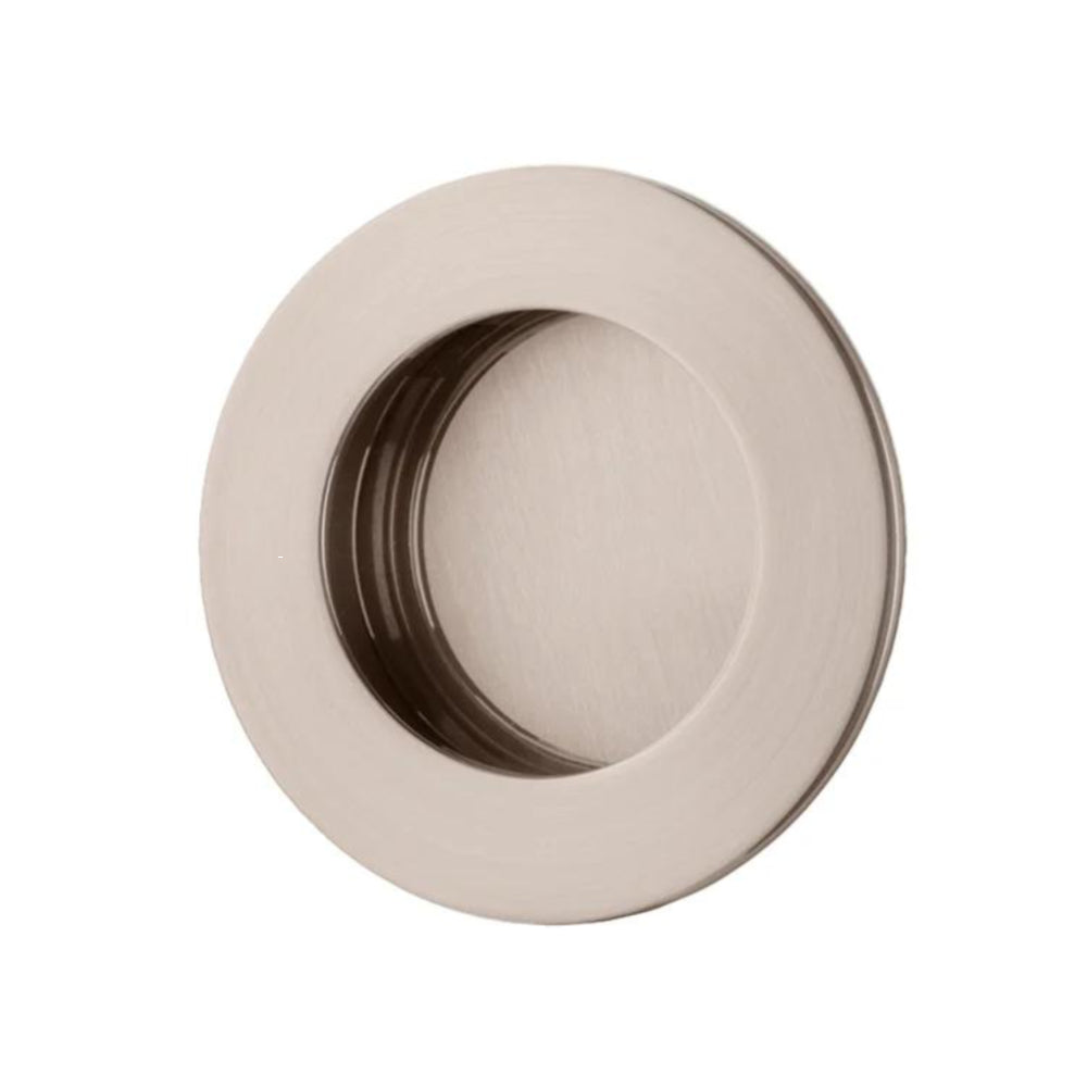 Round designer flush pull from Iver architectural hardware, showcasing sleek, modern round flush pull for doors.