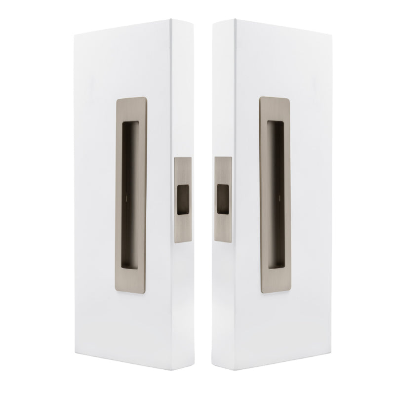 Windsor LUME sliding door flush pulls passage set with brushed nickel finish, featuring modern rectangular design for interior doors.