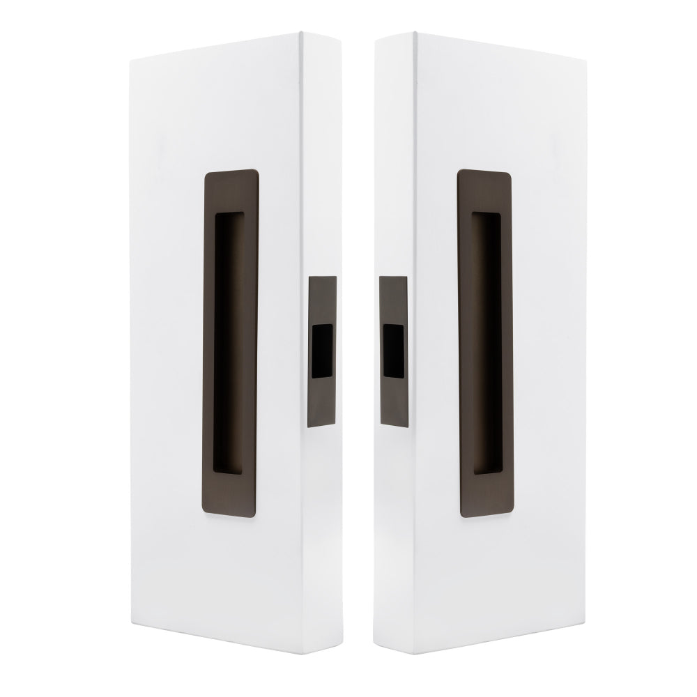 Windsor LUME sliding door flush pulls passage set in brushed chrome finish, featuring sleek, modern handle design for interior doors.