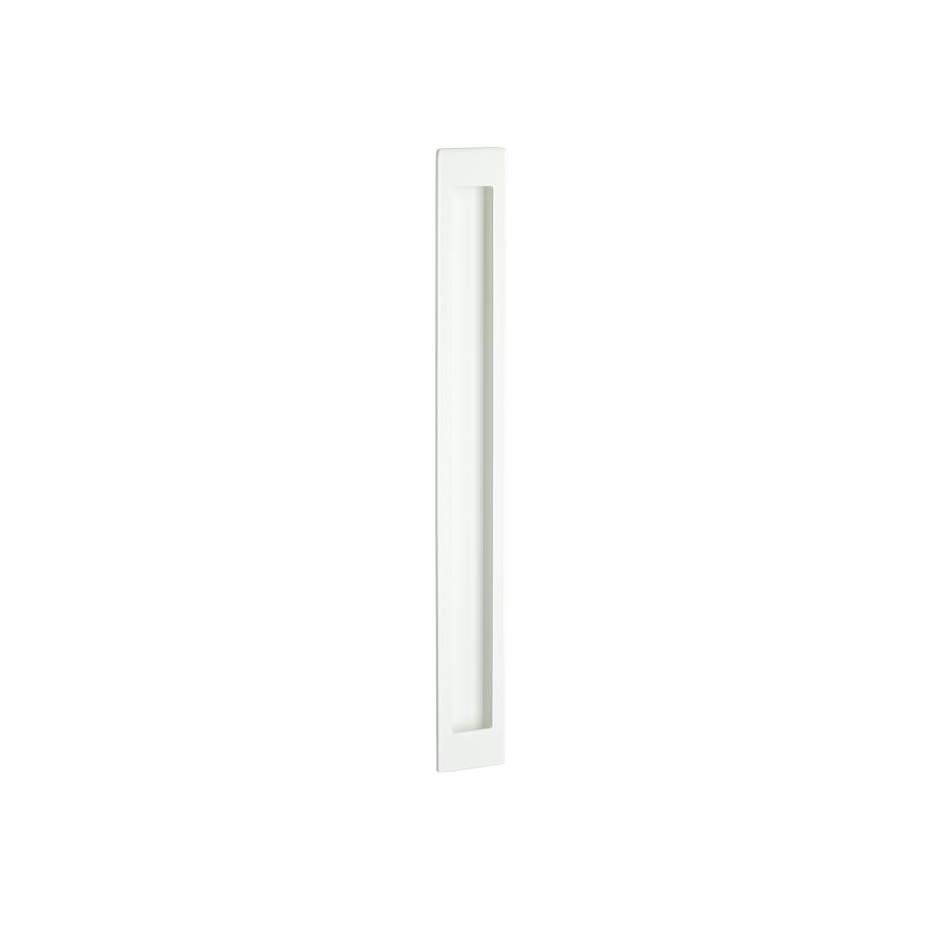 White Zanda Verve Flush Pull architectural hardware with sleek design, suitable for modern cabinetry and furniture applications.
