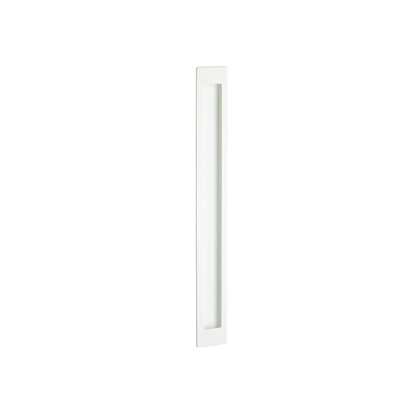 Zanda Verve Flush Pull in white with sleek modern design, mounted on a door or cabinet for minimalist style.