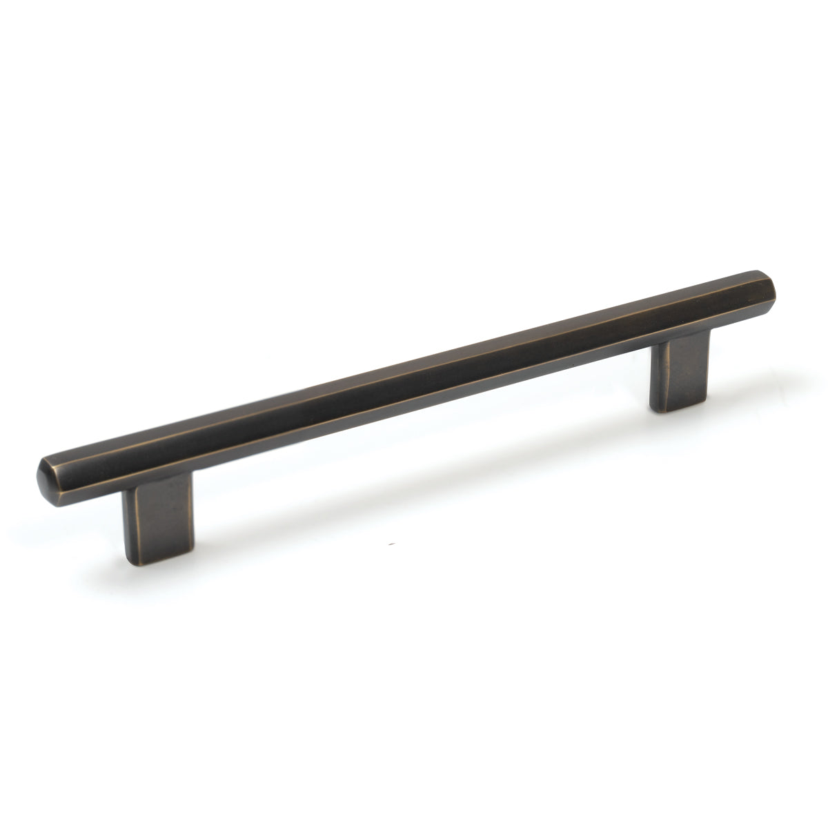 Momo HENDRIX cabinet pull handle in brushed aluminum with sleek, modern design on a wooden cabinet.
