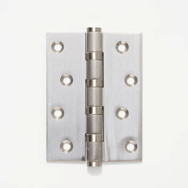 Lo & Co Hinge 100mm x 75mm architectural hardware in brushed nickel finish, showing the hinge's detailed design and mounting points.
