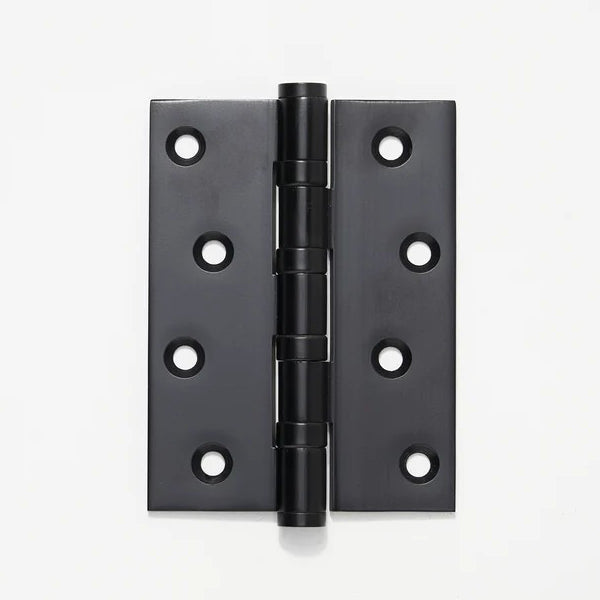 Lo & Co Interiors hinge, 100mm x 75mm architectural hardware in black finish, showing close-up of hinge mechanism and mounting plate.