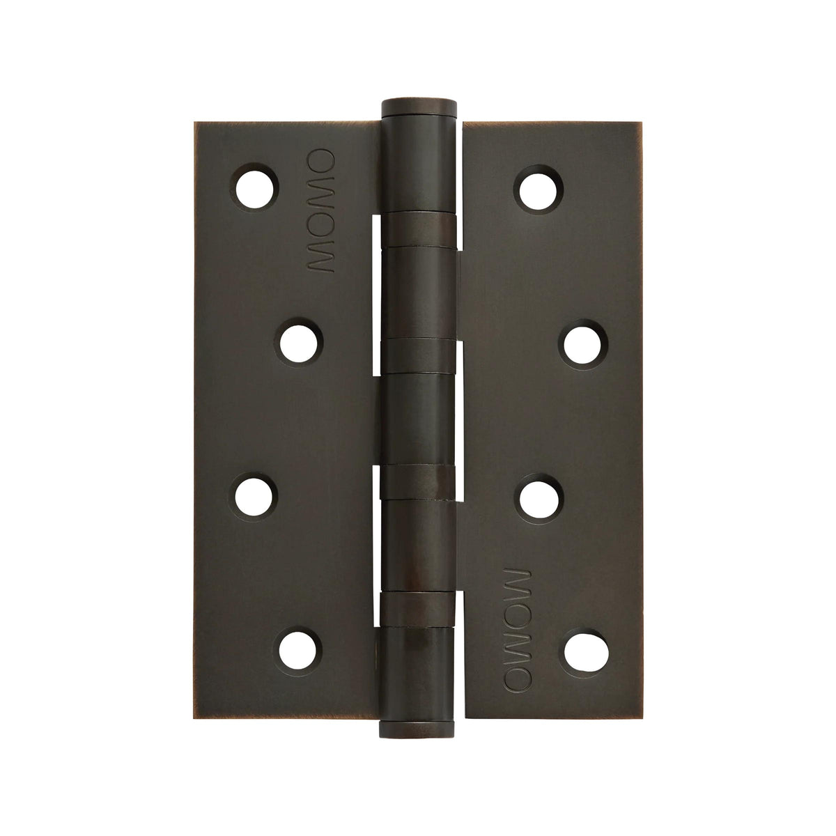 Momo fixed pin hinge measuring 100mm by 76mm with durable metal construction and a sleek black finish.