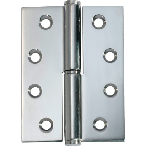 Left hand Tradco Lift Off Hinge showing metal hinge with mounting plates for cabinet or door installation.