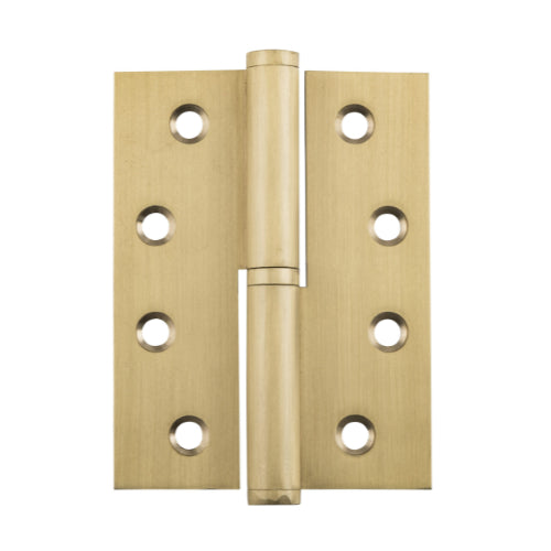 Tradco lift-off hinge for left-hand doors, showing the metal hinge with mounting plates and installation details.