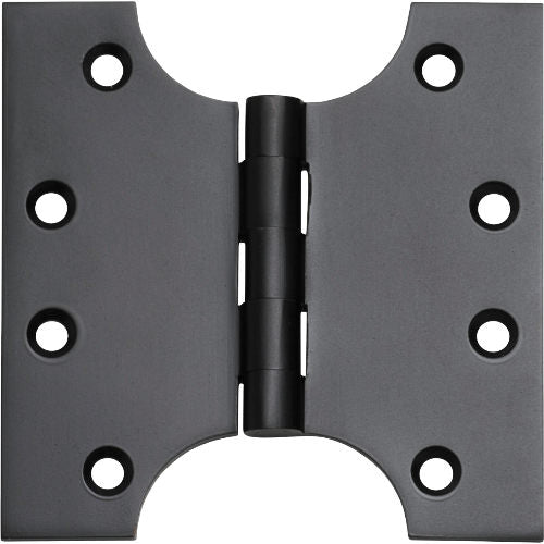 Tradco Shutter Parliament Hinge showing metal hinge with mounting plates and decorative finials for shutter doors.