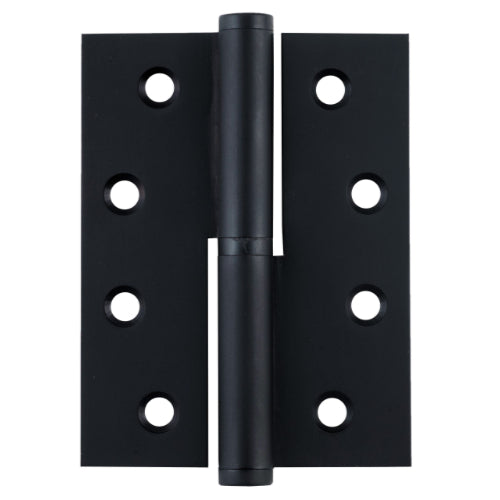 Tradco lift-off hinge for left hand doors, showcasing a durable metal hinge with mounting plates and pivot pin.