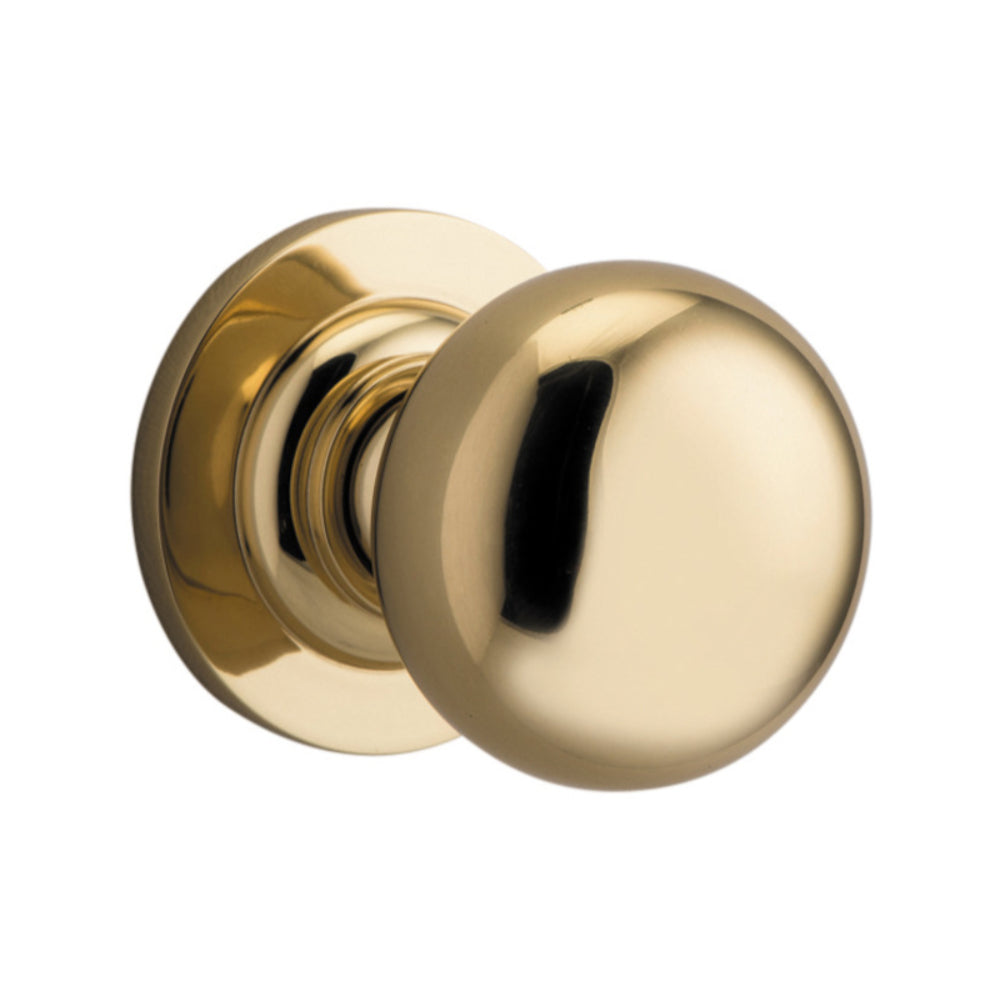 Door Knob Cambridge Round Rose Concealed Fix Polished Brass D54xP67mm BP58mm in Polished Brass