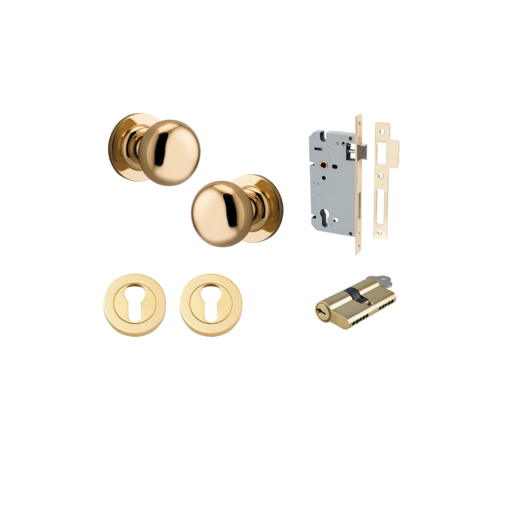Door Knob Cambridge Round Rose Concealed Fix Polished Brass D54xP67mm BP58mm Entrance Kit, Mortice Lock Euro Polished Brass CTC85mm Backset 60mm, Euro Cylinder Dual Function 5 Pin Polished Brass L65mm KA1, Escutcheon Euro Concealed Fix Round Pair … in Polished Brass