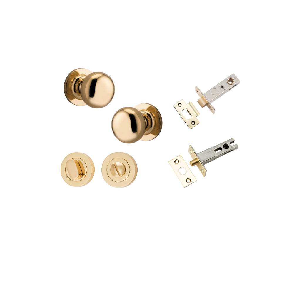 Door Knob Cambridge Round Rose Concealed Fix Polished Brass D54xP67mm BP58mm Privacy Kit, Tube Latch Split Cam 'T' Striker Polished Brass Backset 60mm, Privacy Bolt Round Bolt Polished Brass Backset 60mm, Privacy Turn Oval Concealed Fix Round D52x… in Polished Brass