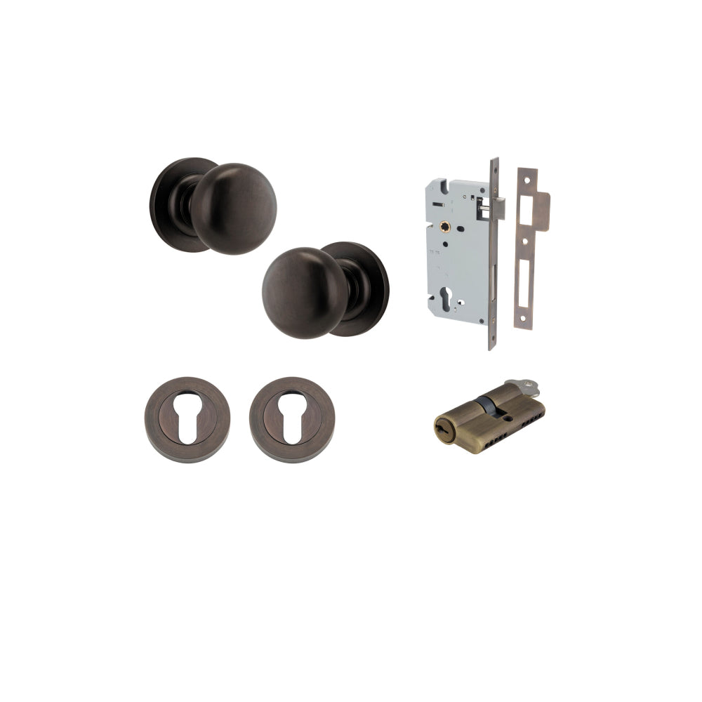 Door Knob Cambridge Round Rose Concealed Fix Signature Brass D54xP67mm BP58mm Entrance Kit, Mortice Lock Euro Signature Brass CTC85mm Backset 60mm, Euro Cylinder Dual Function 5 Pin Signature Brass L65mm KA1, Escutcheon Euro Concealed Fix Round Pai… in Signature Brass