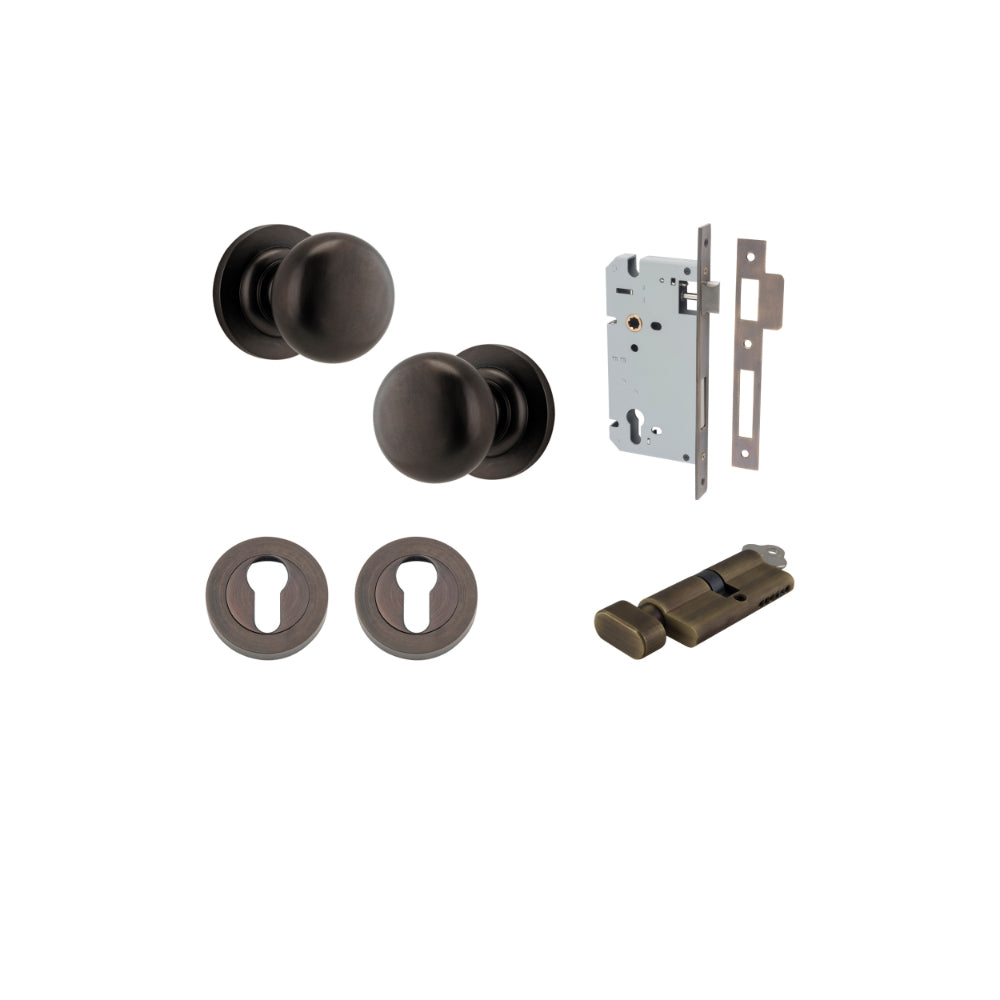 Door Knob Cambridge Round Rose Concealed Fix Signature Brass D54xP67mm BP58mm Entrance Kit, Mortice Lock Euro Signature Brass CTC85mm Backset 60mm, Euro Cylinder Key Thumb 6 Pin Signature Brass L70mm KA1, Escutcheon Euro Concealed Fix Round Pair S… in Signature Brass
