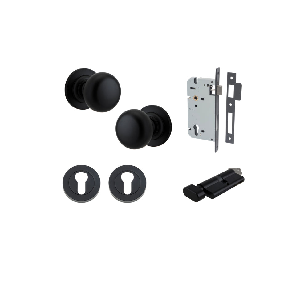 Door Knob Cambridge Round Rose Concealed Fix Matt Black D54xP67mm BP58mm Entrance Kit, Mortice Lock Euro Matt Black CTC85mm Backset 60mm, Euro Cylinder Key Thumb 6 Pin Matt Black L70mm KA1, Escutcheon Euro Concealed Fix Round Pair Matt Black D52xP… in Matt Black