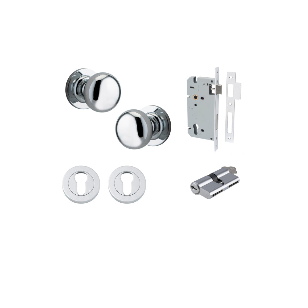 Door Knob Cambridge Round Rose Concealed Fix Polished Chrome D54xP67mm BP58mm Entrance Kit, Mortice Lock Euro Polished Chrome CTC85mm Backset 60mm, Euro Cylinder Dual Function 5 Pin Polished Chrome L65mm KA1, Escutcheon Euro Concealed Fix Round Pa… in Polished Chrome