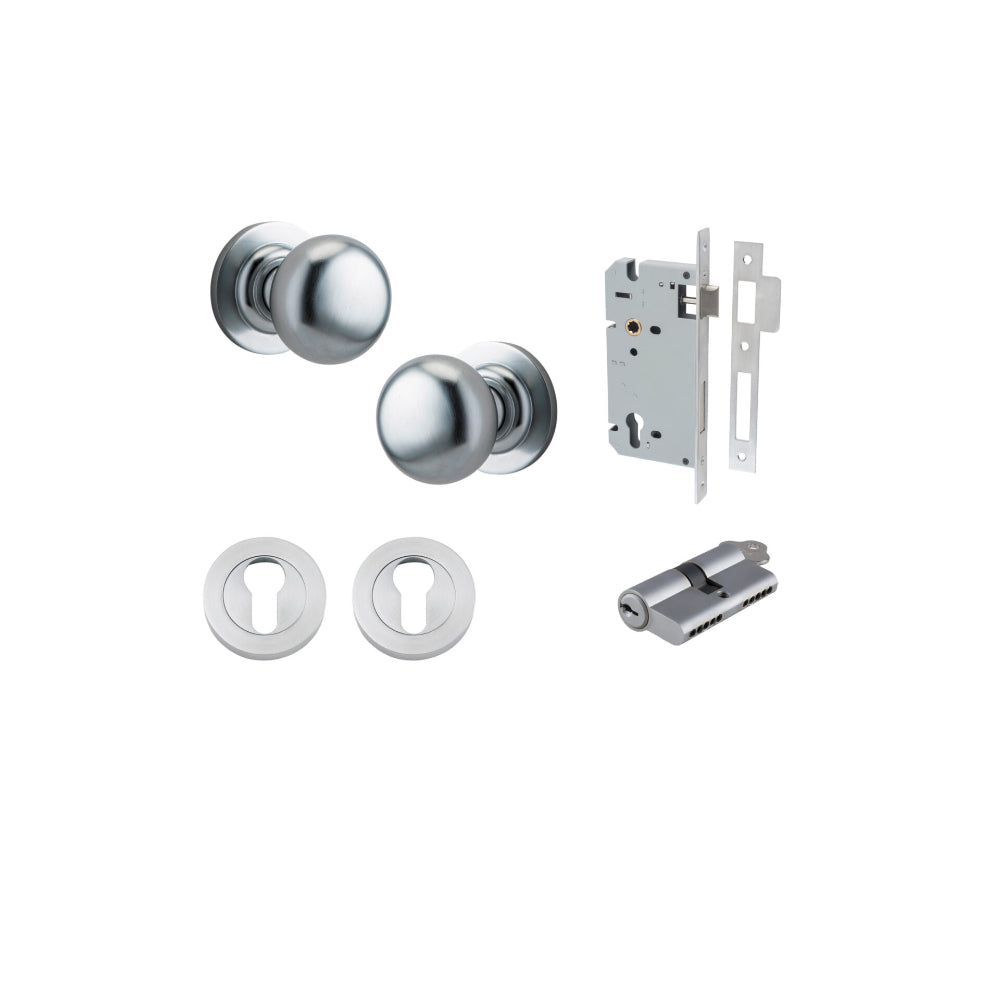 Door Knob Cambridge Round Rose Concealed Fix Brushed Chrome D54xP67mm BP58mm Entrance Kit, Mortice Lock Euro Brushed Chrome CTC85mm Backset 60mm, Euro Cylinder Dual Function 5 Pin Brushed Chrome L65mm KA1, Escutcheon Euro Concealed Fix Round Pair … in Brushed Chrome